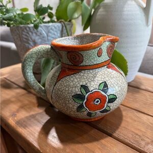 Vintage Japan Raku pottery jug crackle Handcrafted Floral Ceramic‎ Pitcher